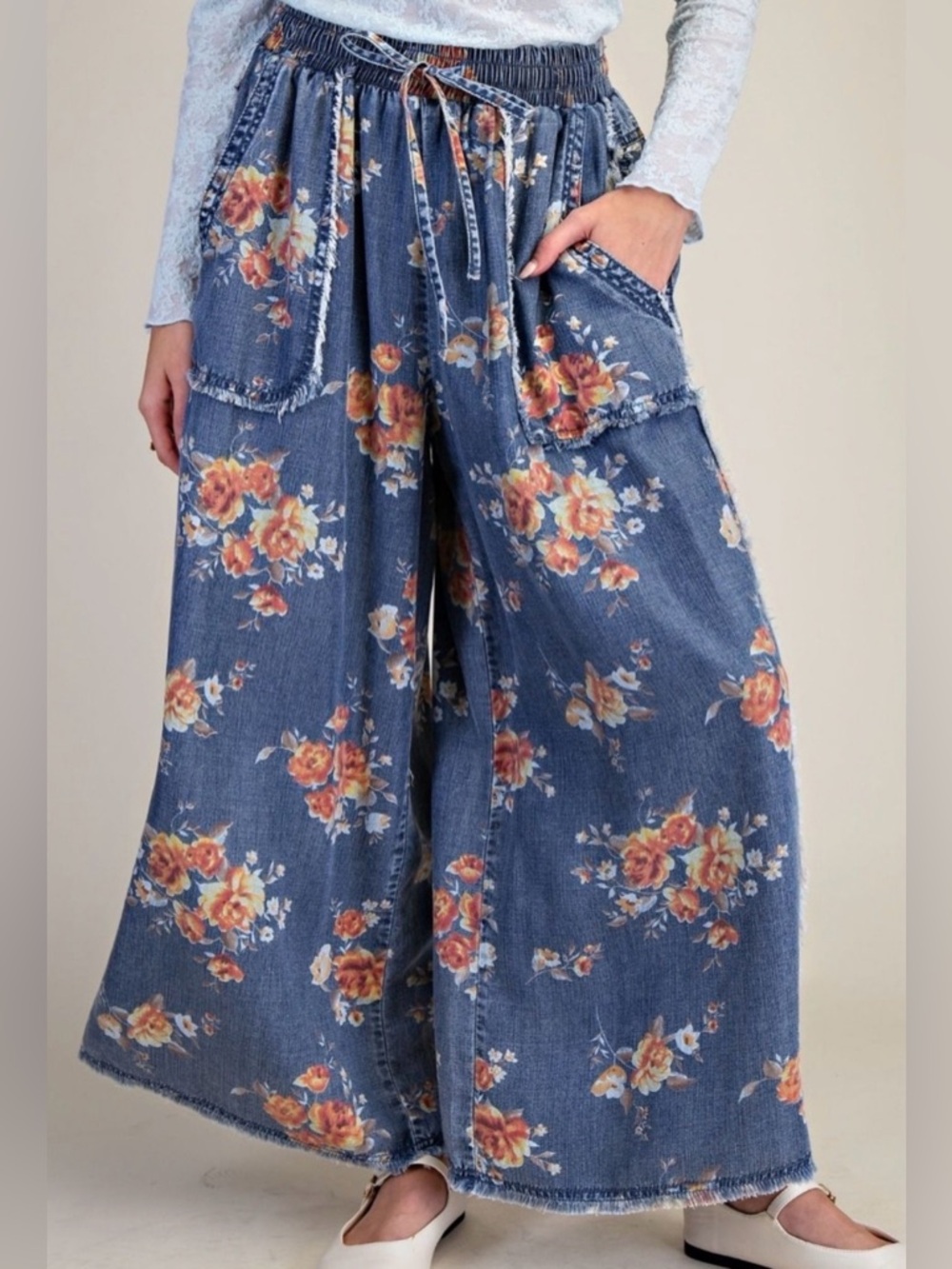 Easel Floral Print Washed Chambray Raw Hem Wide Leg Elastic Waist Pant NWT Sz 2X